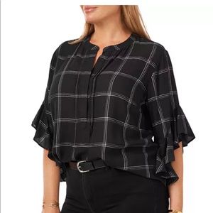Vince camuto plaid flutter sleeve blouse